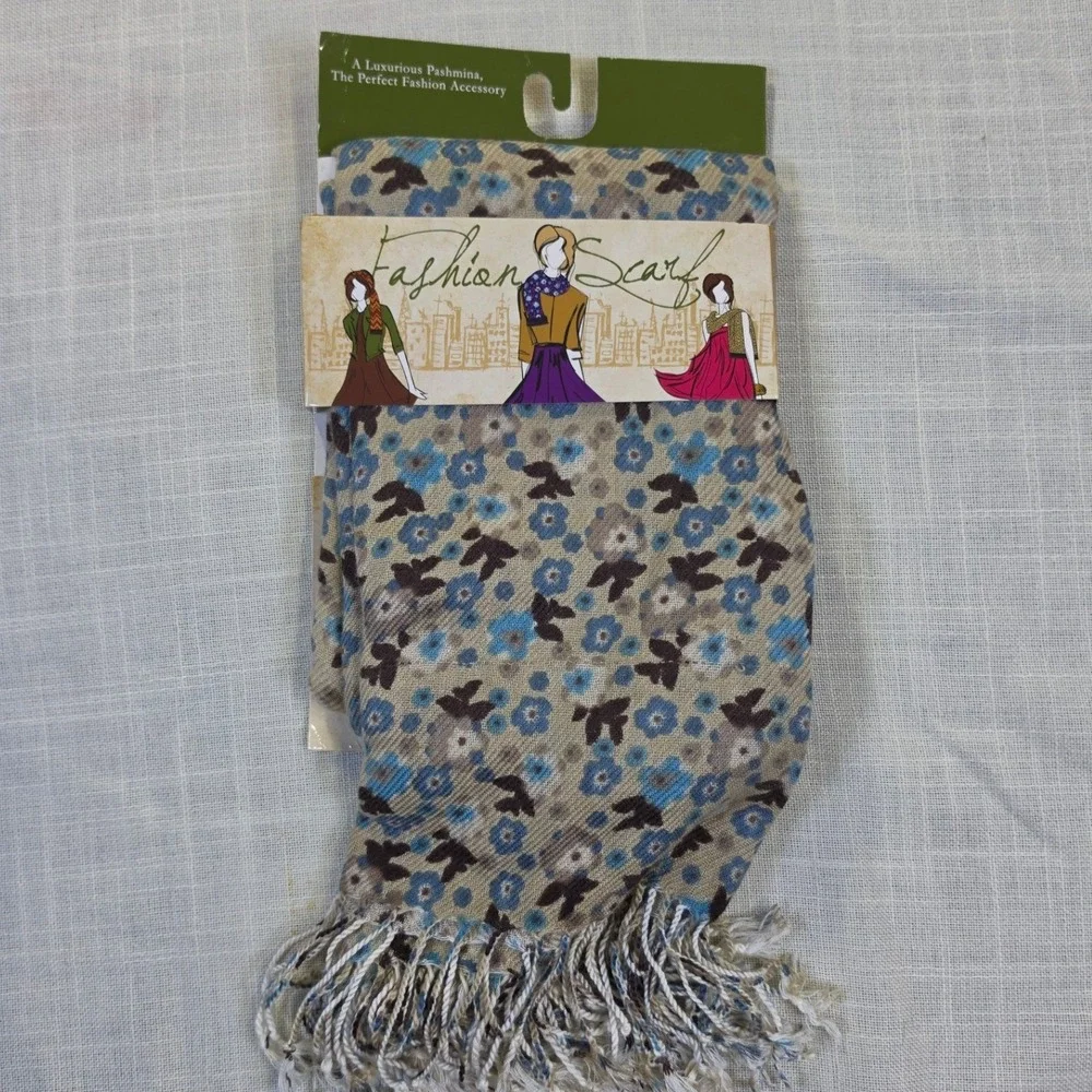 Blue Star Clothing Co Floral Pashmina Scarf Blue Brown Tan Fringe Acrylic NWT